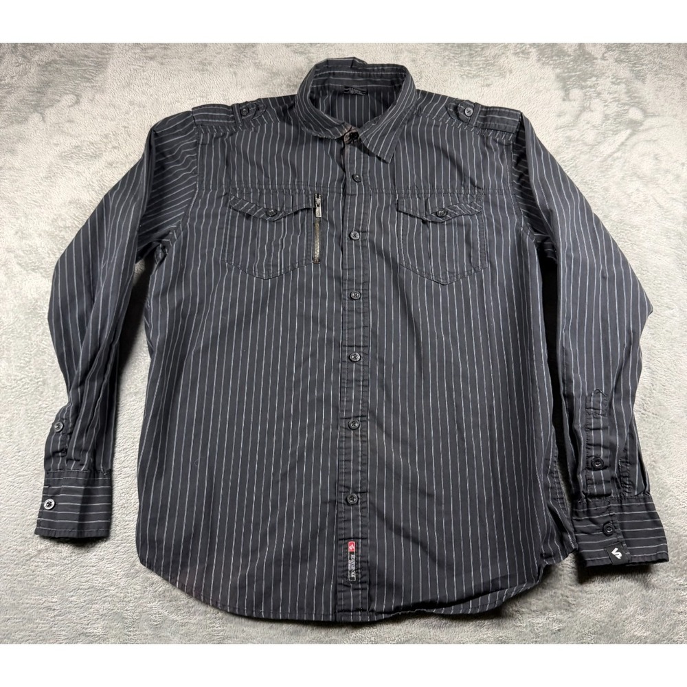 Southpole Men XL Black Pinstripe Button Up Shirt Zip Pocket Y2K Streetwear
